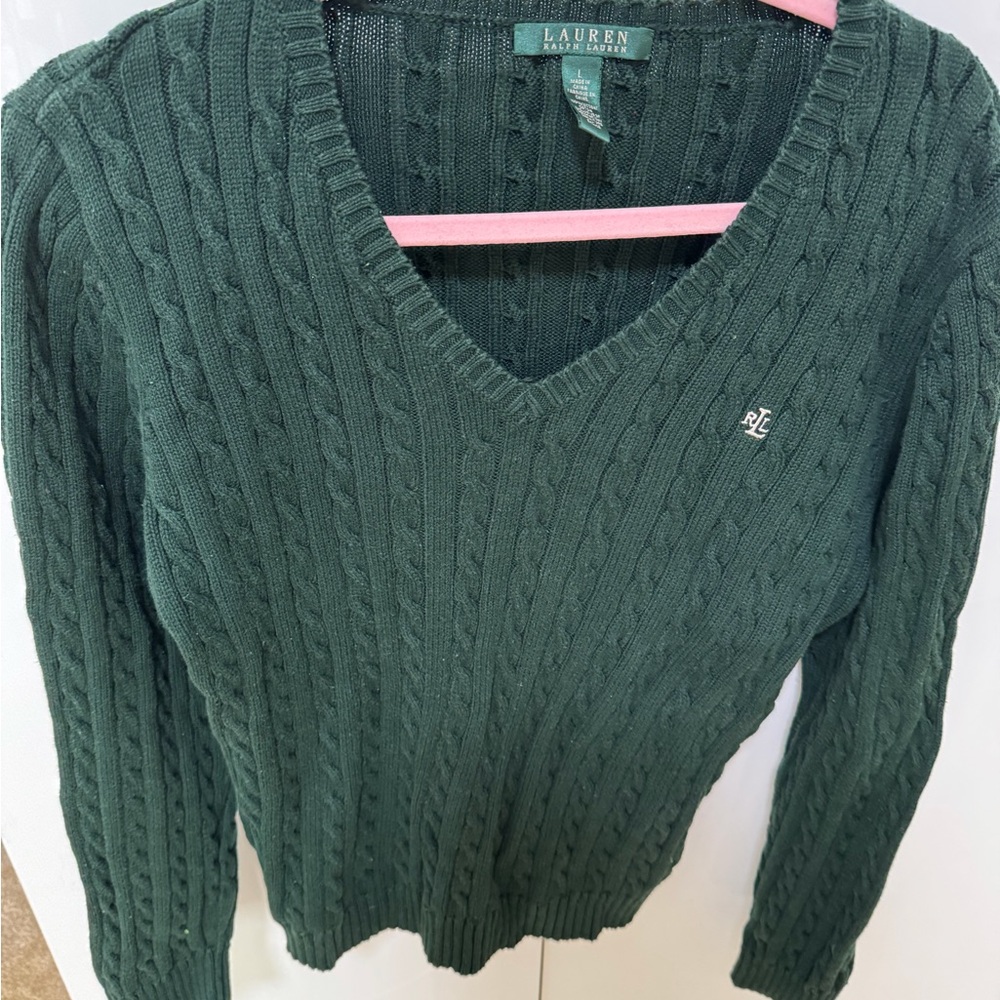 💚 Lauren Ralph Lauren Forest Green Cable-Knit V-Neck Women’s Sweater 💚 - Picture 6 of 10